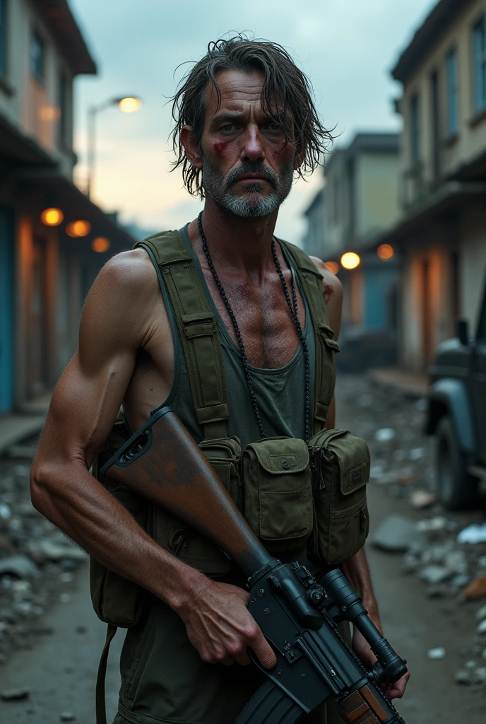 Make me a character who is a retired ex-military man, destroyed by a zombie apocalypse, who is more neglected and emaciated, and not so old, around 32 years old, with few resources and as realistic as possible.
