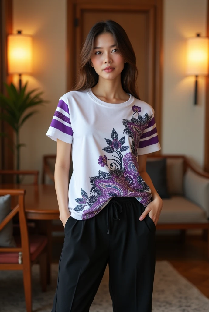 Female model. Modern style. Wearing a white short-sleeved round-neck T-shirt with Vietnamese ethnic brocade patterns in purple, blue, and black. Solid sleeves with purple stripes. Plain black A-line wide-leg pants, side pockets. Set in a luxurious wooden interior room. Cream-colored walls. Table, chairs, lamps
