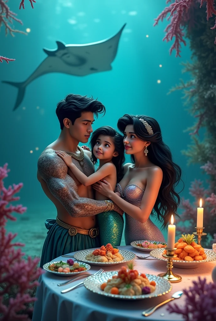 Caricature drawing of a little mermaid with black hair and a silver tail, looking confused. Her merman dad is hugging her, with her mermaid mom standing beside them next to a table with food. In the background, there is a large manta ray and they are all in the deep sea.