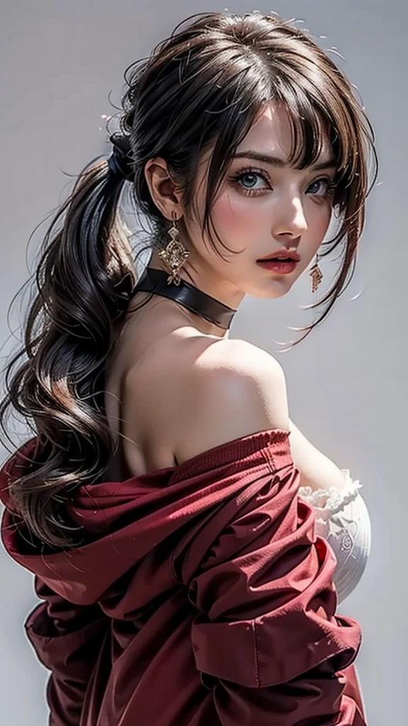 ((Beautiful Face:1.4)), (Purelos Face_v1: 1.0), Half Body,((White simple background)),one person, return,((Natural Big Breasts:1.0)), (Beautiful Japanese Women),bangs, Exposing shoulders, black gloves, Blue eyes, Braiding, choker, Earrings, fingerless gloves, From behind, gloves, Grey Hair, Holding, Jacket, jewelry, Long Hair, View your viewers, looking return, Manicure, Off the shoulder, Lips parted, Earrings, ponytail, red Jacket, alone, Upper Body,[[Realistic]],(Glowing Skin),(masterpiece:1.4),(Highest quality:1.4)