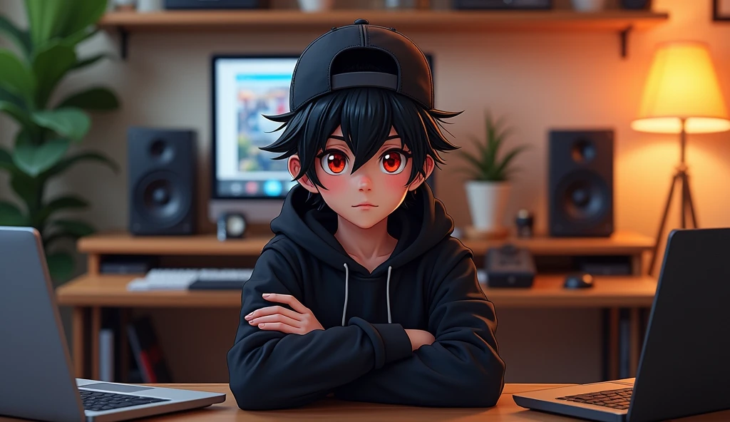 1boy, male_focus, hood, microphone, black_hair, solo, hat, hoodie, looking_at_viewer, headphones, plant, red_eyes, computer, hood_down, black_hoodie, speaker, laptop, long_sleeves, indoors, sitting, baseball_cap, hair_between_eyes, backwards_hat, crossed_arms, chair, clothes_writing, black_headwear, closed_mouth, upper_body, shirt, potted_plant, table, drawstring, bangs, desk