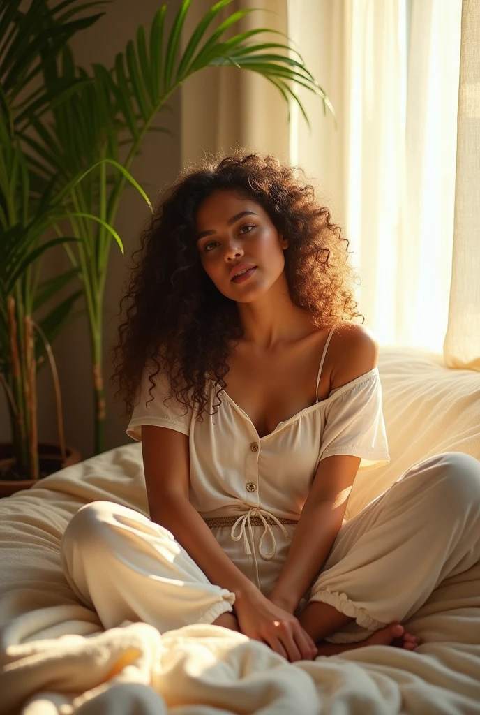 (photorealism:1.2), beautiful woman, sitting on bed, wearing loose off-shoulder top, pajama pants, long curly hair, indoors, soft lighting, plants in background, window with sunlight, cozy room, relaxed pose, realistic, intricate details, warm colors, by Greg Rutkowski, by Alphonse Mucha