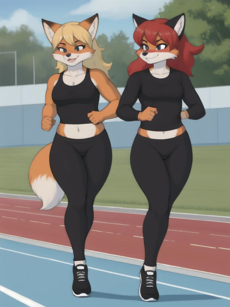 Furry, fox, female, black shirt, black leggings, shoes, running track, friends, full body