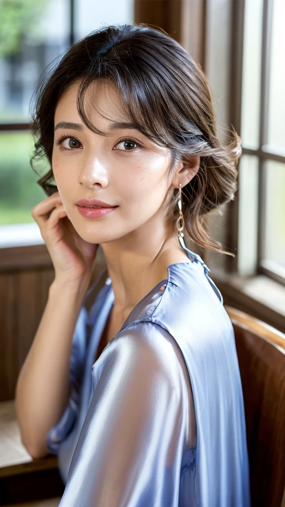 40-year-old woman、Large breasts、A little bit of cleavage is showing.、Fine pores visible on cheeks、A faint freckle on the bridge of the nose、Fine wrinkles at the corners of the eyes
The left eye is slightly smaller、A small scar on the chin、A prominent mole on the right cheek、Natural light through the window、Highlight on cheekbones、
Soft shadow on the neck、Hair reflecting light、Slightly messed up bangs by the breeze、
Shiny black hair、Natural curl at the ends of hair、eyes that reflect light、Long natural eyelashes、
Slight wrinkles at the corner of the eyes、Fine patterns of iris、Gentle smile with slightly raised corners of the mouth、
Relaxed forehead、Movement of eye muscles expressing emotion、Soft wrinkles of silk blouse、
Rough texture of denim、Gloss of satin dress、Woman sitting by the cafe window、
Natural shadows falling on the table、
Depth through background blur、Relaxed posture sitting deep in the chair、
Naturally clasped hands on lap、
Slightly tilted head angle、Natural French nails、
Delicate design necklace、
Natural eye makeup、
slight redness on the cheeks