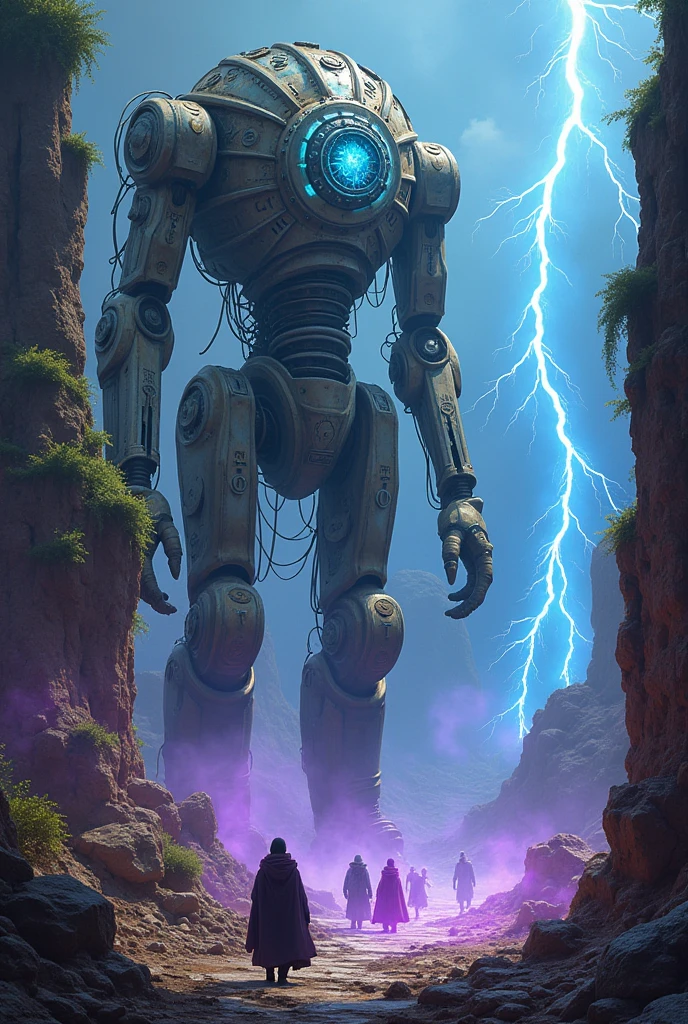  Show an environment where technology and magic intertwine in a visually striking way. Focus on advanced and corrupted devices, as weapons, shields and ancient machines, that mix circuits and magical runes. Add elements like glowing crystals and magical energy beams interacting with technology, creating an atmosphere charged with mysticism and technological decadence. The scene should reflect the fusion of technology and magic, with a color palette that combines metallic tones, electric and magical, showing the contrast between technological advancement and post-apocalyptic wear and tear

