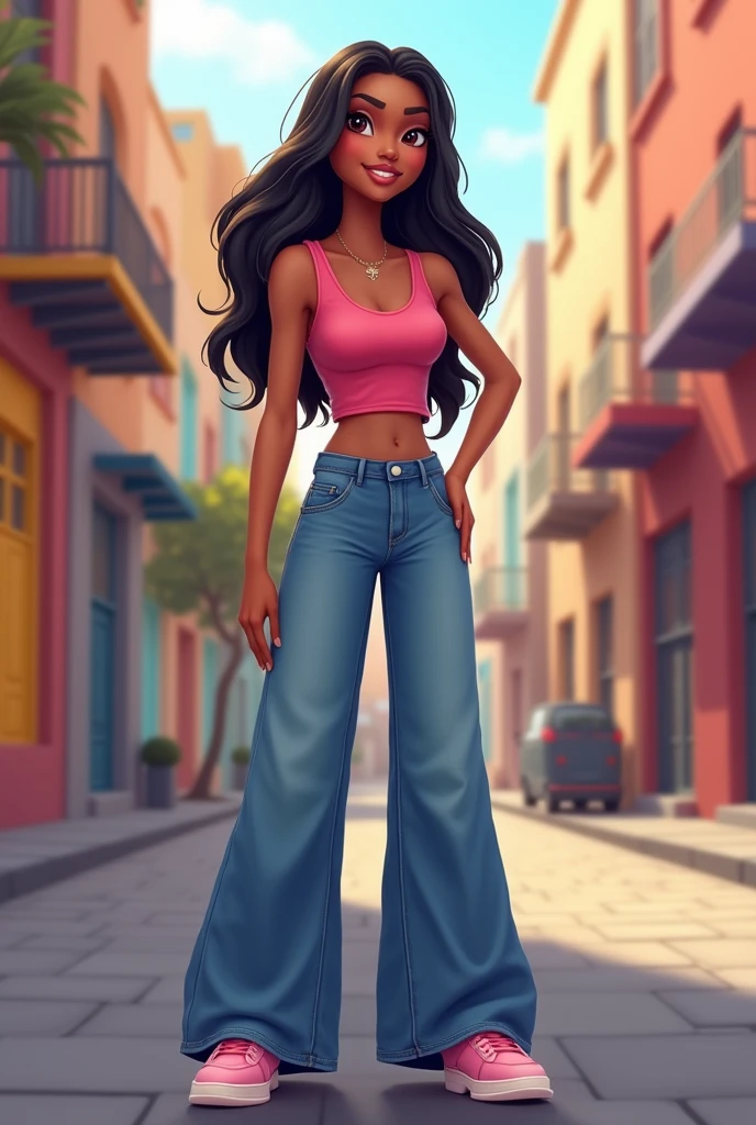 A 3d cartoon picture of a beautiful young woman with a light brown complexion and striking dark black hair stands confidently. She wears a dark pink top that contrasts beautifully with her skin tone, paired with wide jeans that add a relaxed, modern touch to her look. Her outfit is completed with pink sneakers, creating a cohesive and stylish ensemble. Her poised demeanor and vibrant attire highlight her youthful charm and individuality.
