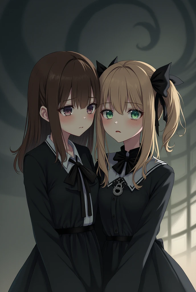 A girl with a height of 1.70, waist-length hair of an almond brown tone and with bangs,of a pale white skin tone,leaning on the chest of another girl of stature 1.70, short hair to the shoulders of a blonde tone and with strands, many gothic accessories,both with sad expression,anime style