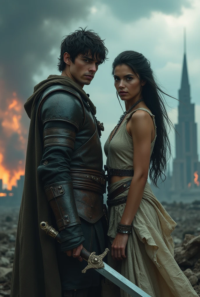 (4k resolution) a young man with a sword in his hand next to a beautiful lady, apocalyptic scenario