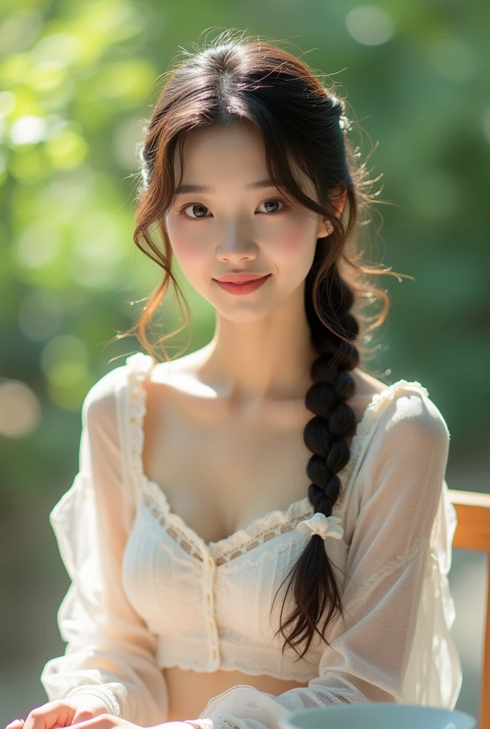 Tabletop, Highest quality, figure, Very detailed, In detail, High resolution, 8k wallpaper, Perfect dynamic composition, Beautiful attention to detail,  Face Focus,  One Japanese person,
Soft Light,Lace blouse ,Braiding,Natural color lip, ,smile,Outdoor、18 year old beauty、cute、looking at the camera