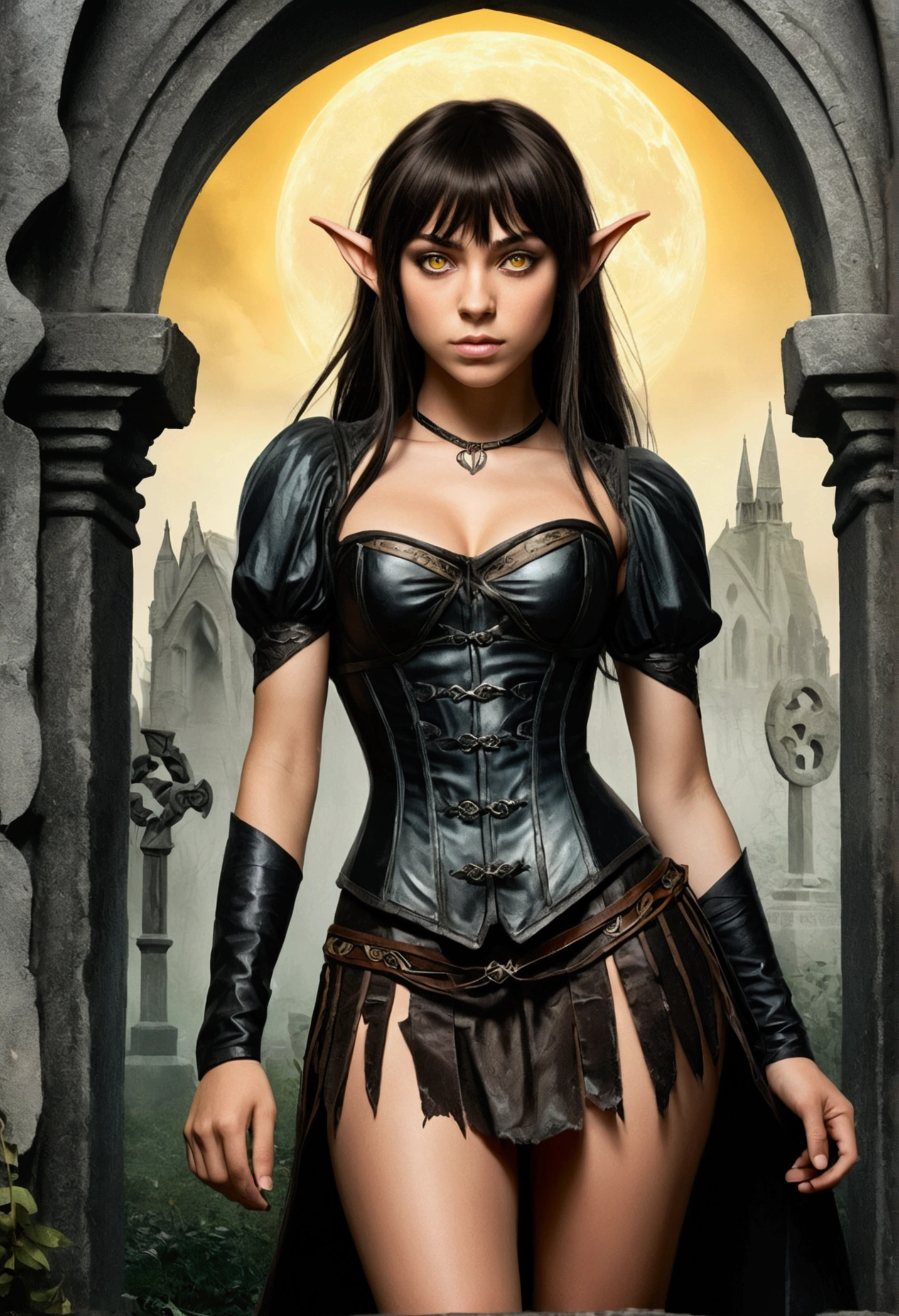 An illustrated movie poster, hand-drawn, full color, a age elven girl, wearing a black corset and a frayed miniskirt, tall, toned, amazonian stature, athletic hourglass figure, long pointy elf ears, amber eyes, dark hair, shaggy bob cut with thick bangs, deep sun-tanned skintone, freckles, standing in a spooky gothic cemetery, graphite shading, stencil marks, airbrushed acrylic paint, masterpiece, in the style of the Lord of the Rings