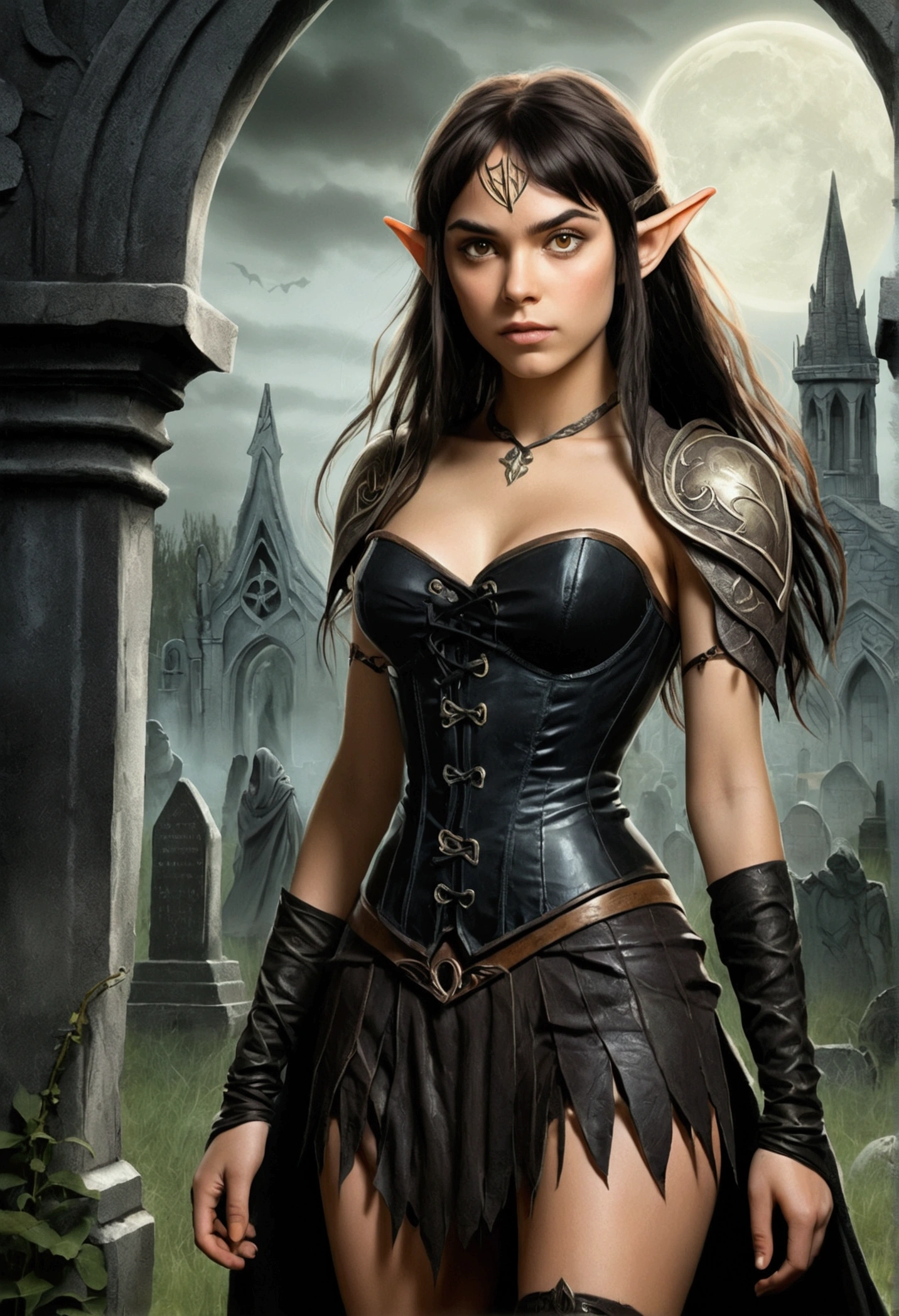 An illustrated movie poster, hand-drawn, full color, a teenage elven girl, wearing a black corset and a frayed miniskirt, tall, toned, amazonian stature, athletic hourglass figure, long pointy elf ears, amber eyes, dark hair, shaggy bob cut with thick bangs, deep sun-tanned skintone, freckles, standing in a spooky gothic cemetery, graphite shading, stencil marks, airbrushed acrylic paint, masterpiece, in the style of the Lord of the Rings