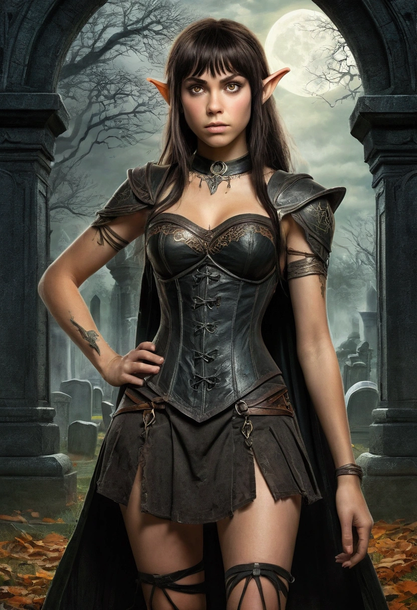 An illustrated movie poster, hand-drawn, full color, a teenage elven girl, wearing a black corset and a frayed miniskirt, tall, toned, amazonian stature, athletic hourglass figure, long pointy elf ears, amber eyes, dark hair, shaggy bob cut with thick bangs, deep sun-tanned skintone, freckles, standing in a spooky gothic cemetery, graphite shading, stencil marks, airbrushed acrylic paint, masterpiece, in the style of the Lord of the Rings