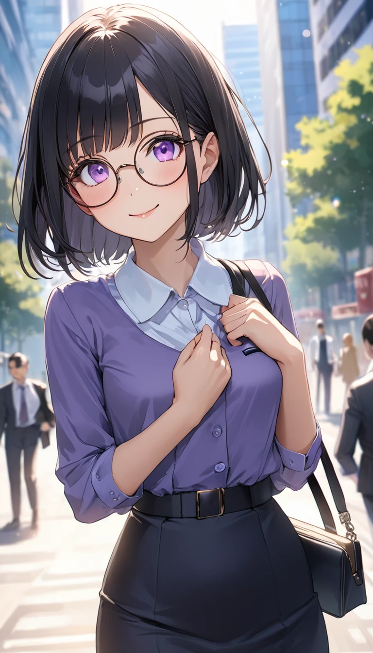 Highest quality、Best image quality、masterpiece、Anime Style、a girl、Beautiful Eyes、black hair, purple eyes、bowl cut, (flat chest)、slender、Tight waist、Round Glasses、Natural smile, office lady, skirt, noon、Outdoor、upper body, Natural light、Shallow depth of field、looking Watches, Watches, In the office district、skyscraper、Lens flare