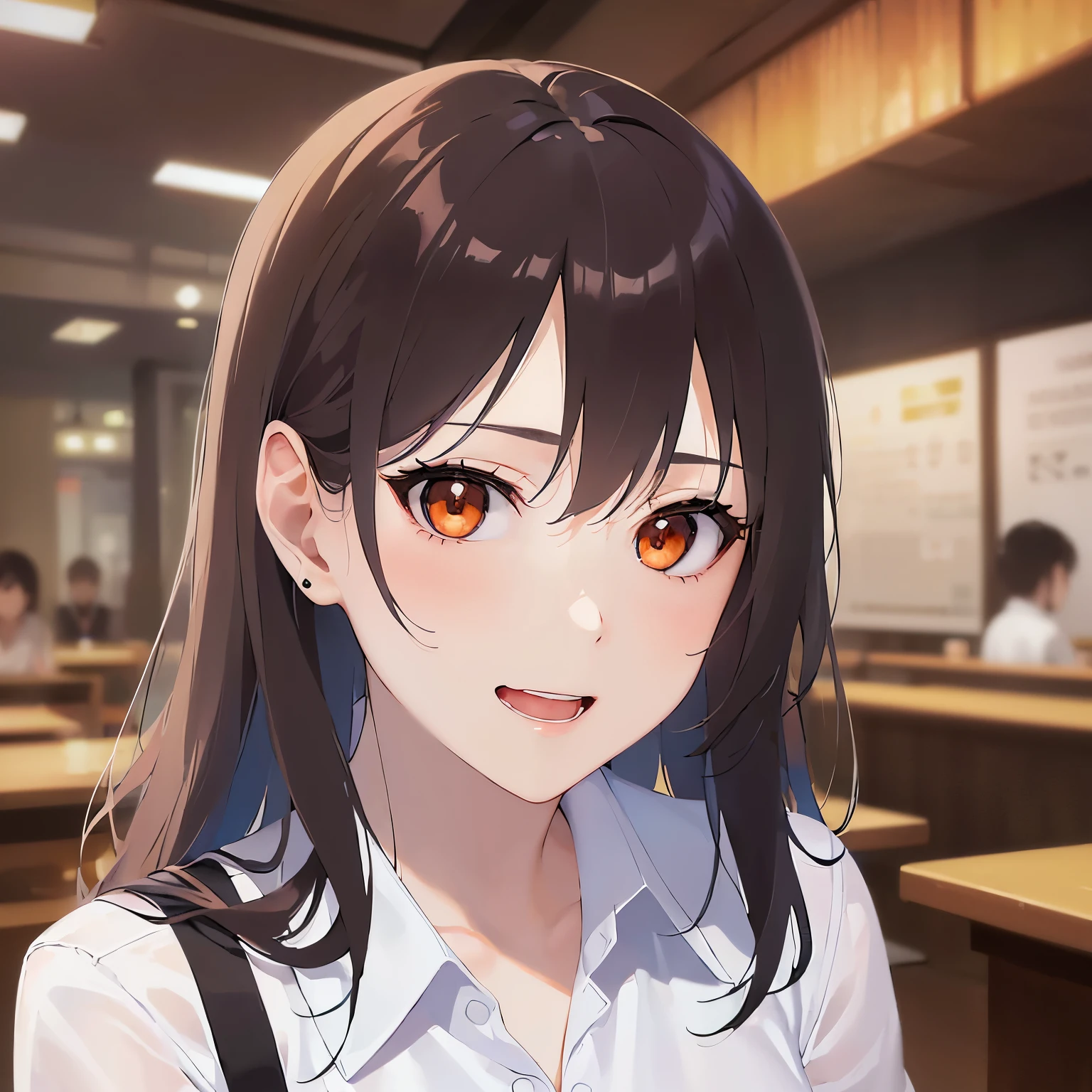 (looking at viewer:1.5)Upper Body, head tilt,Side shot、
Realistic, real person, (pale skin: 1.2), RAW photo, photorealistic, shiny skin, shiny hair、(A 25-year-old woman with medium-length hair and bangs) and (wavy hair) and (brown hair) and (orange eyes) ,
(Wearing a business suit:1.5) and (Wearing a white collared shirt)、
smile、open mouth,The background is also the inside of a night izakaya.、(alone:1.5)