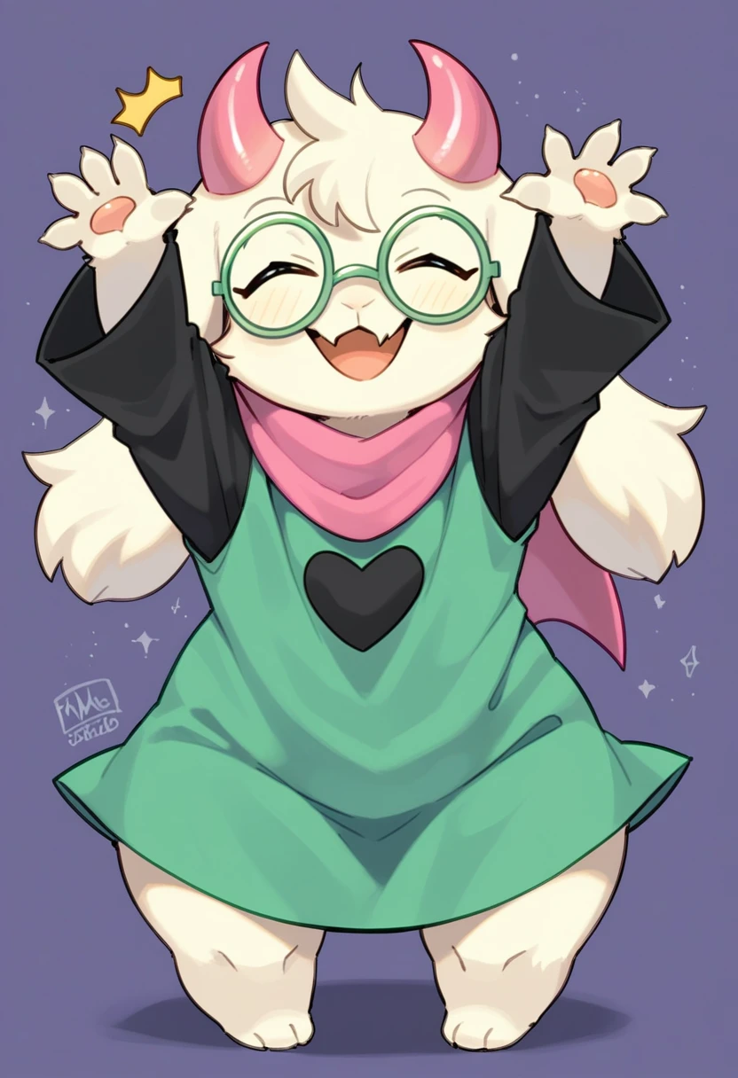  (score_9, score_8_up),furry, fur, face, Ralsei(deltarune), goat, dark fur,  horns, black sleeves, cute, green glasses, hatless, green shirt, standing, arms up with his hands doing the L sign,pink scarf,closed eyes, happy, smug face, bending over, wide hips,  fat ass,   {{{kame (kamepan44231), no humans, chibi, jitome, fumo (doll)}}}, portrait. 1furry, solo