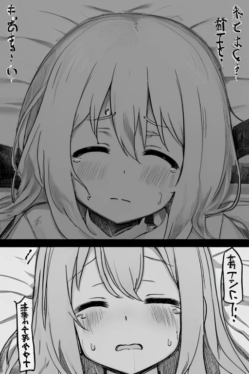 Lying in bed, blushing, with drool, sweat, and tears, eyes closed、カラフルなストライプの脱衣ポケモントレーナー♀の2人が体を掴まれへそを舐め痙攣する