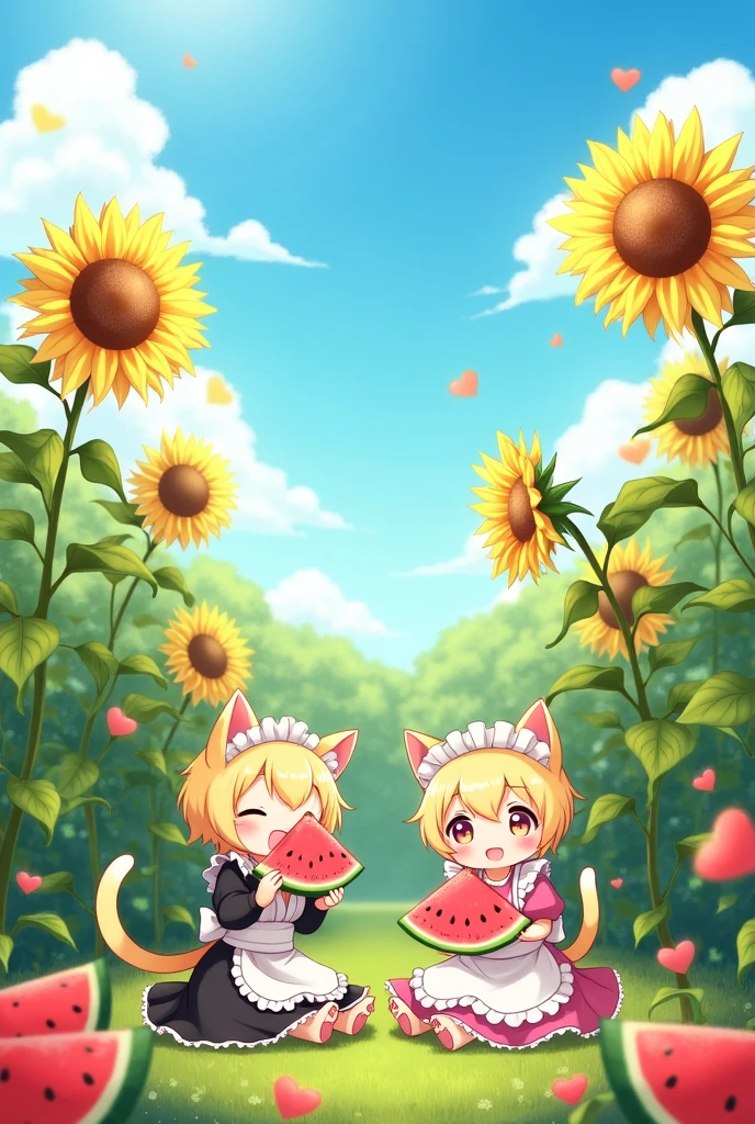 Anthropomorphic cats in maid outfits eating watermelon、summer、Lots of sunflowers、garden、Anime illustration、beauty、high resolution、high quality、masterpiece