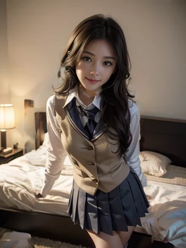 (1girl:1.3), Masterpiece, Best quality, amazing beauty, 4K, absurdres, finely detail, super detailed eye, perfect ???????, official art, cinematic lighting, BREAK, School, silky medium long hair, black hair, super shiny detailed brown eyes, Staring Intently, open-mouth, closed-mouth smile, shy face, BREAK , big breasts, short stature, white skin, pale skin, Are standing, standing, full body, BREAK , (school uniform:1.2), BREAK,()