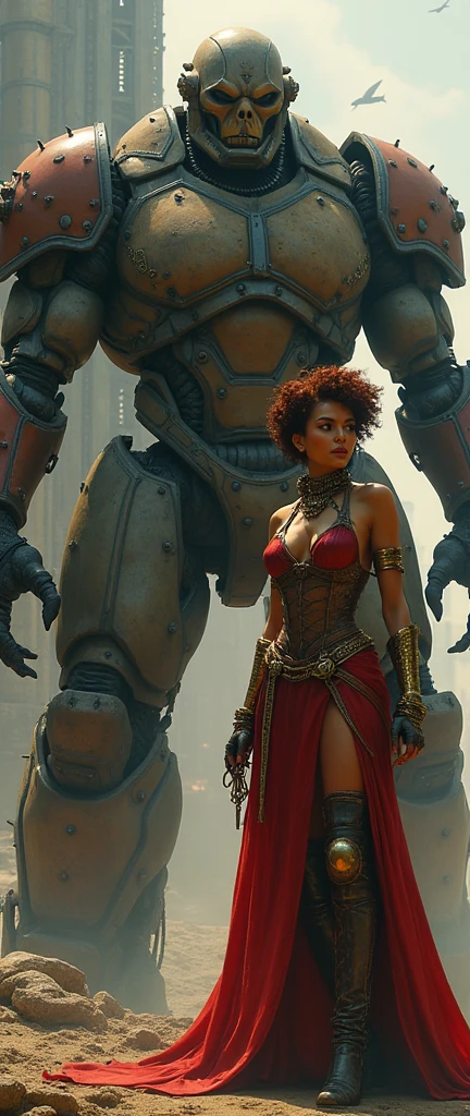 A glamorous steampunk heroine, adorned in intricate Red gold highlights and leather attire, stands confidently next to a colossal, mechanized titan. The scene is set against a dramatic, industrial backdrop reminiscent of Gerald Brom's dark and fantastical style combined with Frank Frazetta's dynamic and muscular aesthetics. The atmosphere is charged with a blend of gritty steampunk elements and epic fantasy, with an emphasis on bold contrasts and intense energy.