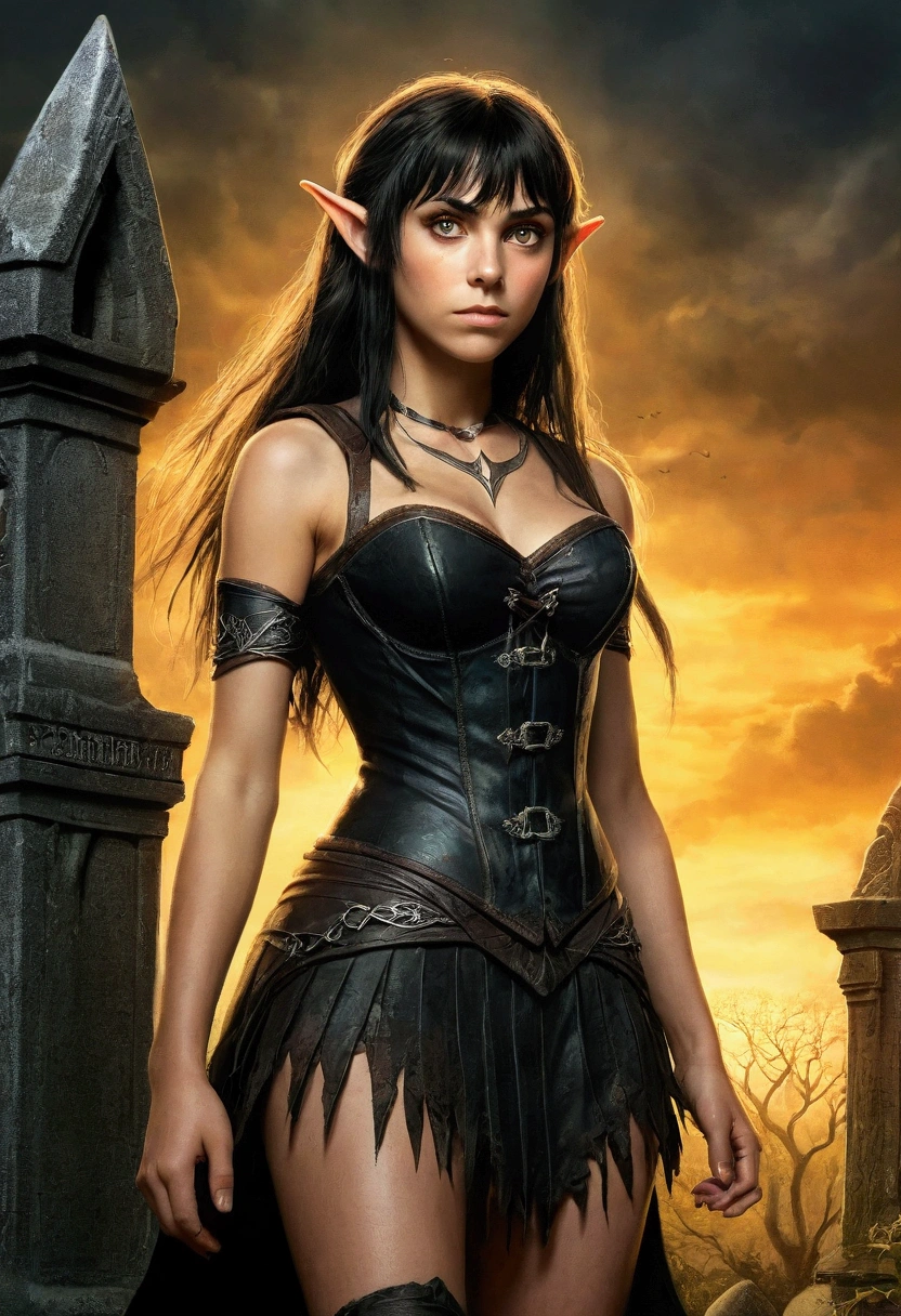 An illustrated movie poster, hand-drawn, full color, a age elven girl, wearing a black corset and a frayed miniskirt, tall, toned, amazonian stature, athletic hourglass figure, long pointy elf ears, amber eyes, dark hair, shaggy bob cut with thick bangs, deep sun-tanned skintone, freckles, standing in a spooky gothic cemetery, graphite shading, stencil marks, airbrushed acrylic paint, masterpiece, in the style of the Lord of the Rings