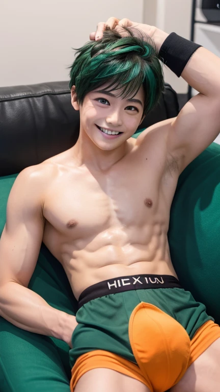 Japanese men、、Well-developed muscles and smooth skin、Fluffy, voluminous, bright green hair、Orange thin boxer briefs、See your whole body from head to toe、Smiling friendly and warmly、Hero Academy、Posing on a sofa set
