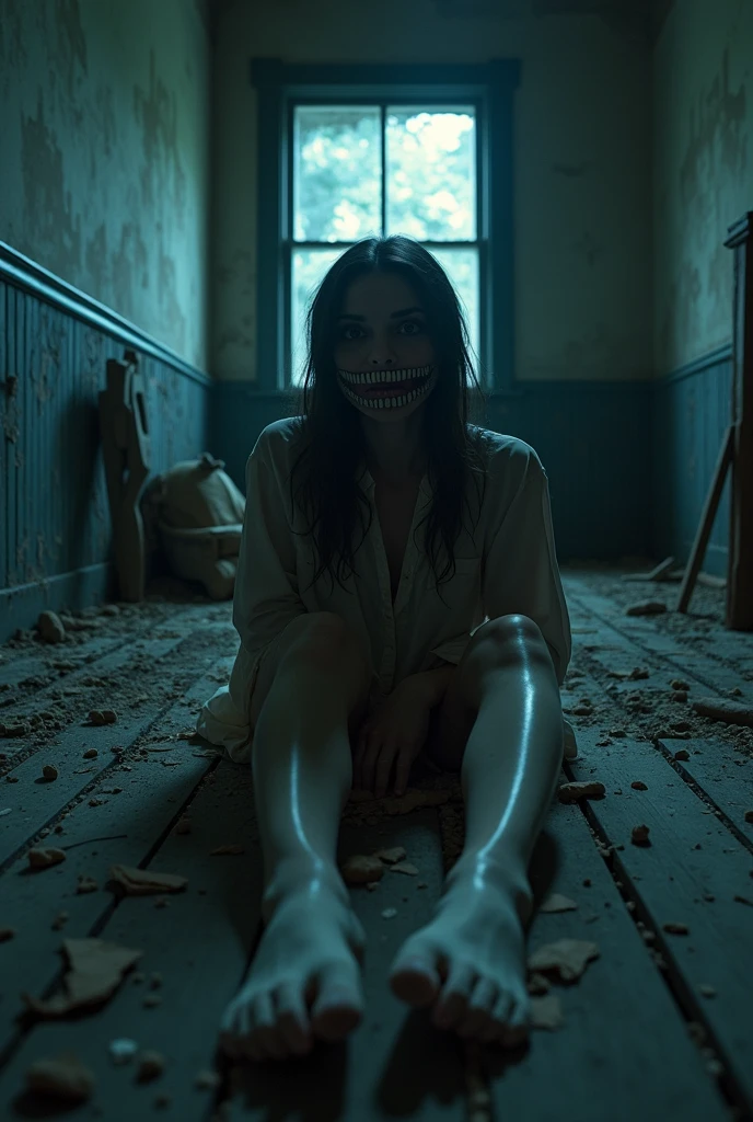 show a woman slowly getting up, with bones cracking large nails, revealing her face came with her mouth sewn shut and deep-set eyes in an abandoned and old house