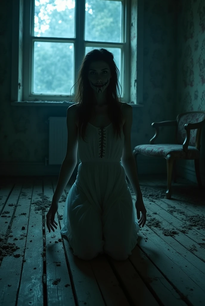 show a woman slowly getting up, with bones cracking large nails, revealing her face came with her mouth sewn shut and deep-set eyes in an abandoned and old house