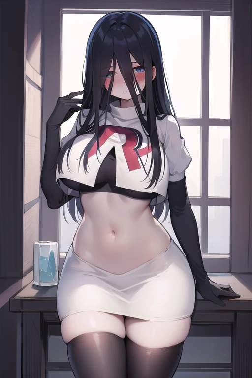 masterpiece, detailed, high quality, absurdres, sadako, (hair over eyes), pale skin, blush, large breasts, curvy, navel, stomach, groin, team rocket,team rocket uniform,white skirt,red letter R,crop top,black thigh-highs,black elbow gloves, cowboy shot,