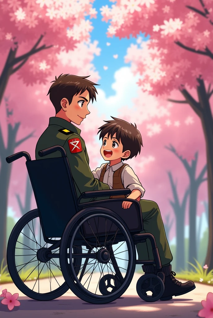 Crippled male soldier in wheelchair with his son anime style