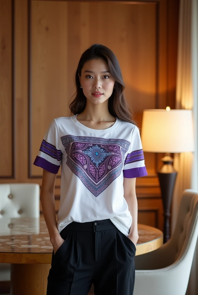 Female model. Modern style. Wearing a white short-sleeved round-neck T-shirt with Vietnamese ethnic brocade patterns in purple, blue, and black. Solid sleeves with purple stripes. Plain black A-line wide-leg pants, side pockets. Set in a luxurious wooden interior room. Cream-colored walls. Table, chairs, lamps