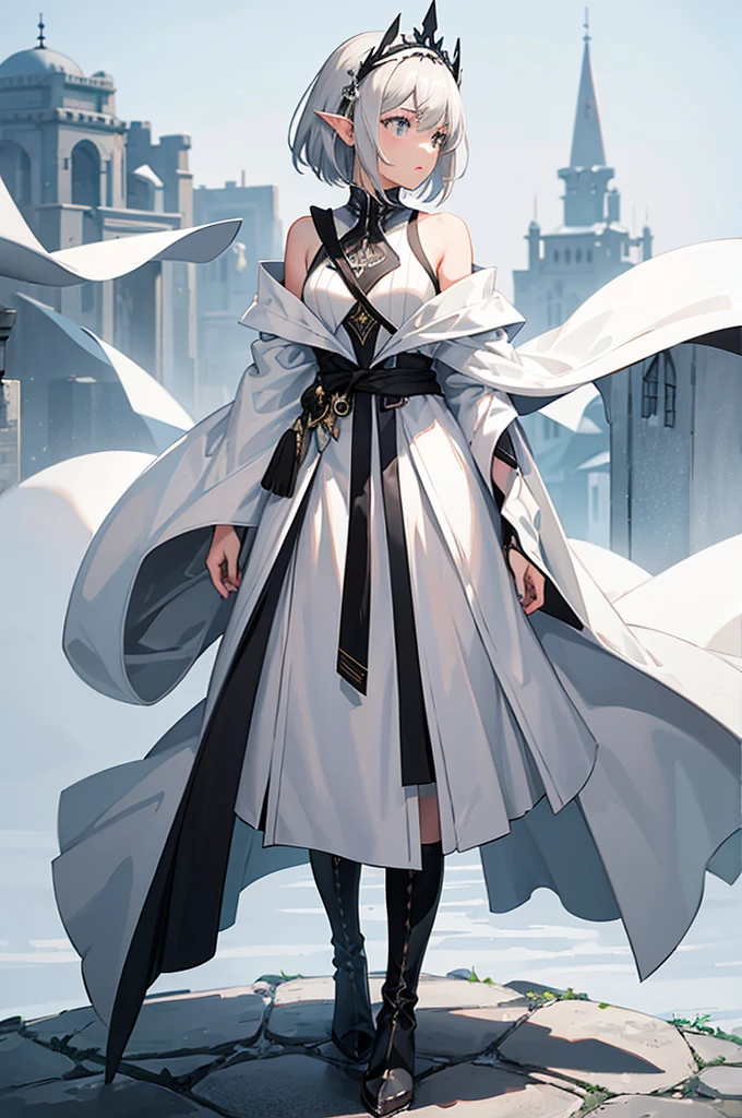 Gray and white shoulder-length short hair，Girl，Facing away from the camera，Pointed ears，No headdress，Wear a magician's robe，cloak，hood，Long skirt，Boots，full-body shot，Back，Back photo，Don&#39;t face，No background，Do not take a frontal photo，Leave，leave