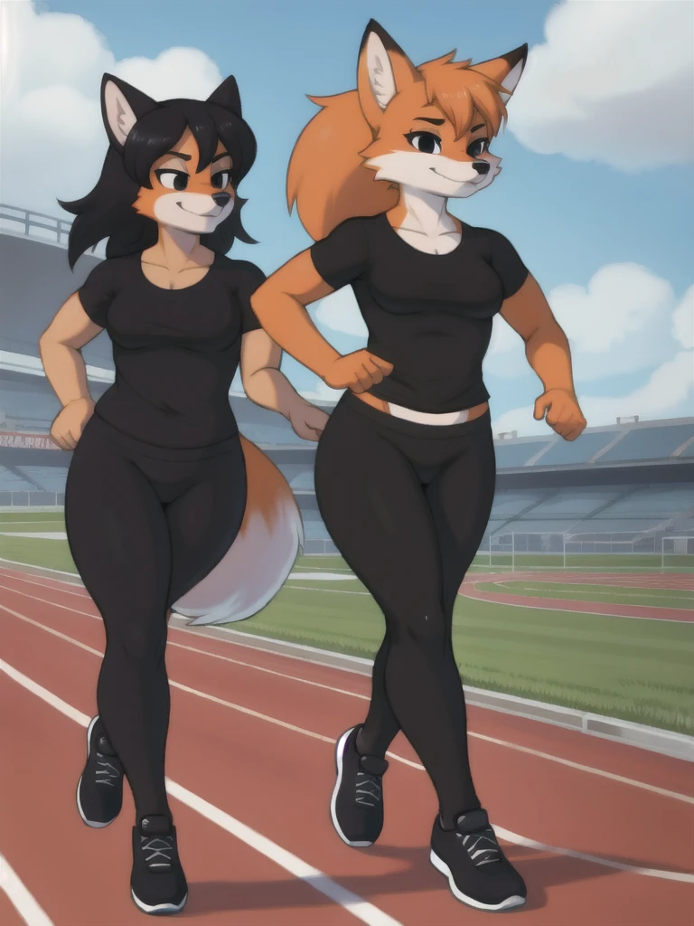 Furry, fox, female, black shirt, black leggings, shoes, running track, friends, full body
