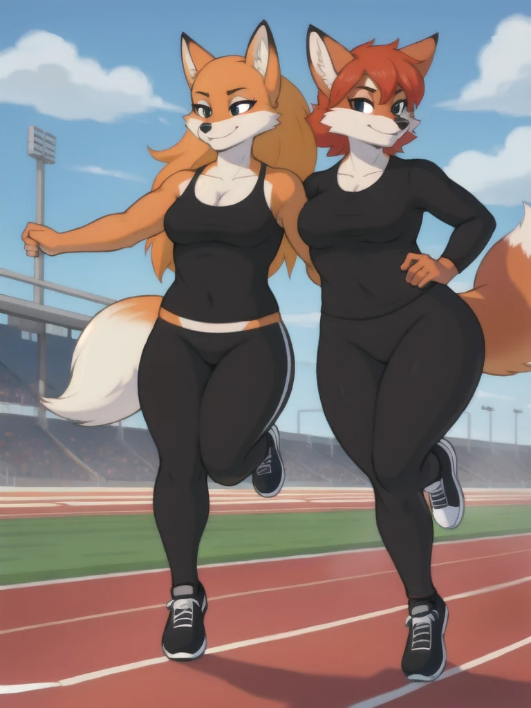 Furry, fox, female, black shirt, black leggings, shoes, running track, friends, full body