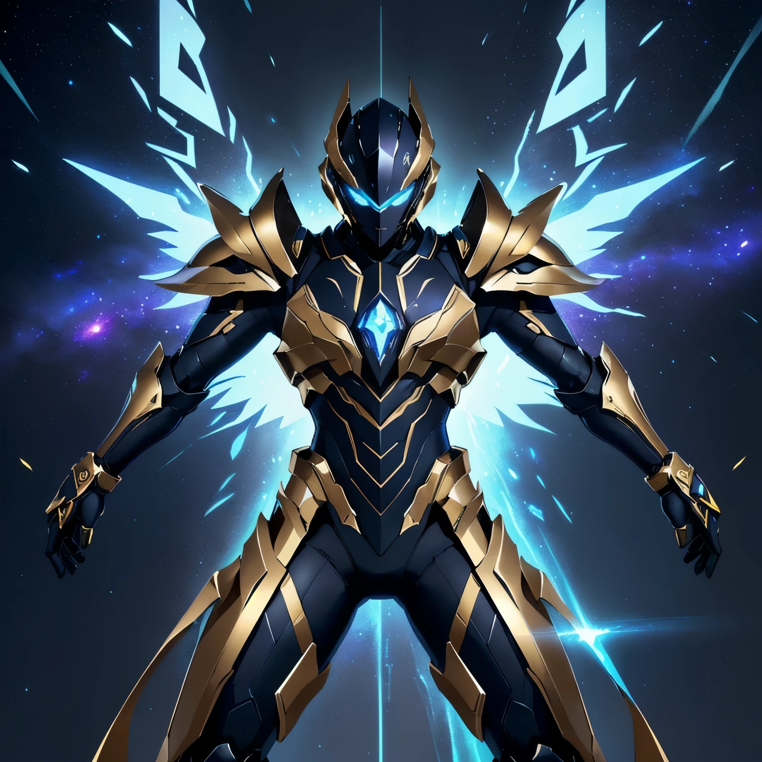 The image presents a highly detailed and futuristic armor designed for a male warrior. The armor combines elements from different parts to create a cohesive and powerful look.

Helmet: The helmet features a sleek, aerodynamic design with a golden metallic finish. It has a central crest that rises upwards, and the visor glows with a bright blue light, giving it a high-tech, futuristic appearance.

Pauldrons (Shoulder Pads): The shoulder pads are large and wing-like, curving outward and upward, with a polished golden finish. These pads extend slightly beyond the shoulders and include a sleek, angular design, providing both a majestic and powerful look.

Chest Plate: The chest plate is intricately segmented, with a combination of gold and dark metallic blue. It has a gem-like crystal in the center that emits a soft, mystical glow. The design of the chest plate is both protective and regal, with sharp, angular lines that add to the overall futuristic aesthetic.

Arm Guards: The arm guards are sleek and streamlined, with articulated golden and purple segments that offer flexibility and protection. The design of the gauntlets is both robust and elegant, incorporating futuristic elements that blend with the classic style.

Leg Armor: The legs are armored with segmented plates that are primarily gold and purple. The boots are angular and sturdy, with a design that conveys both strength and agility. The overall look of the leg armor is grounded yet sleek, completing the ensemble with a powerful stance.

The background of the image is a dark cosmic scene, filled with distant stars and nebulae that highlight the polished surfaces of the armor. Dynamic lighting is used to emphasize the key features, particularly the glowing visor and central chest gem, reinforcing the mystical and imposing nature of the warrior.