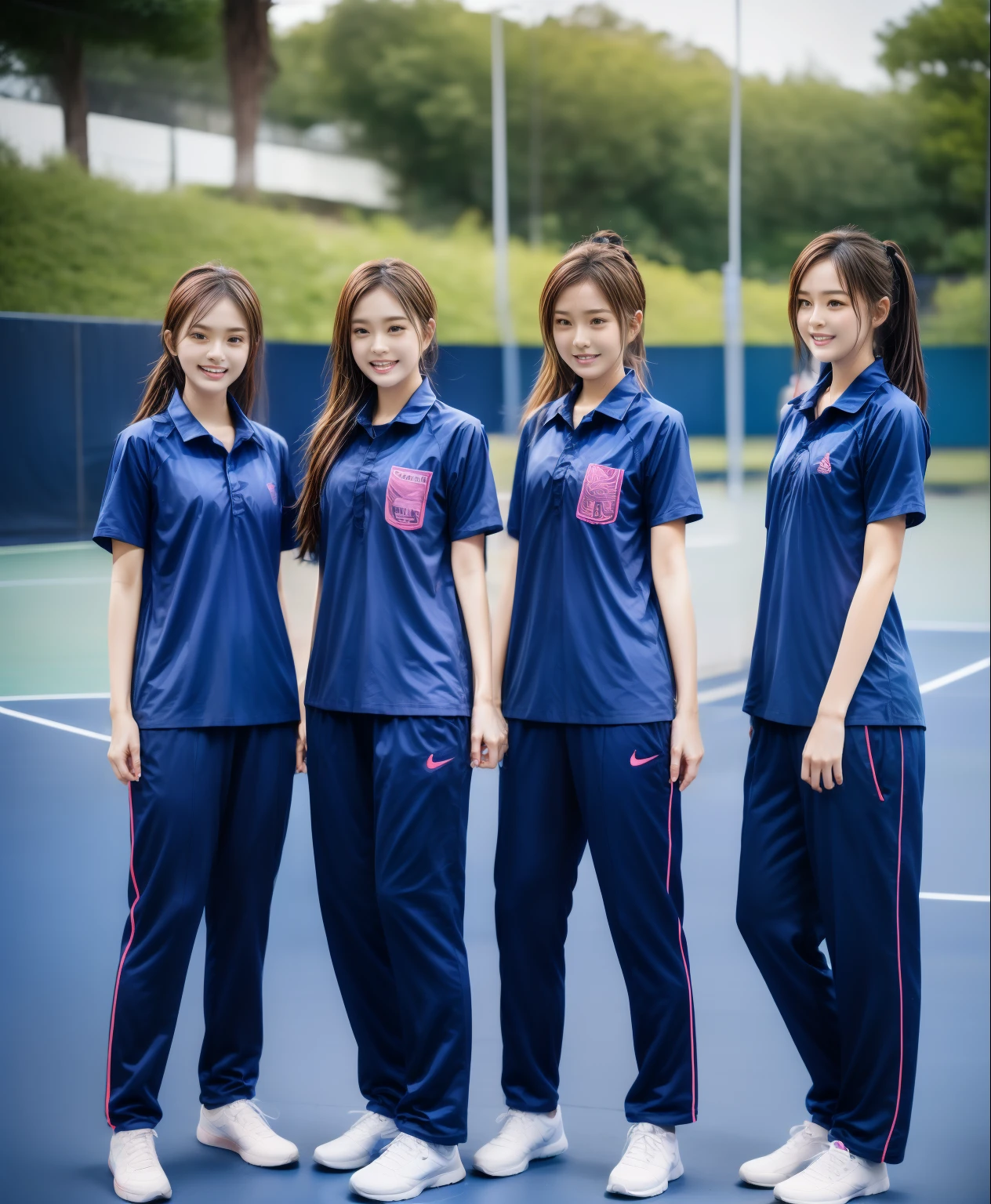 3 girls play tennis at tennis courts, Navy blue short-sleeved shirt,Navy Long Trackpant,Sweatpants, Sweatpantsขายาว,25 year old girl, lesbian, sexy, exercise clothes, wet body, exercise clothes
