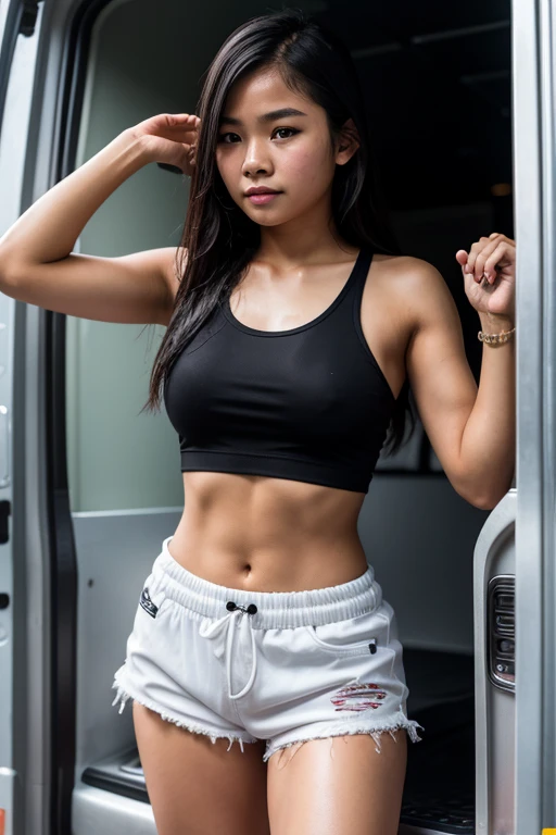 young thai girl, soaked by rain, getting in a truck, white tank top, black shorts to thighs