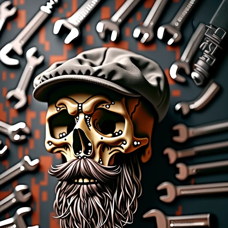 There is a skull with a beard and hat on a wall, old charismatic mechanic, bearded skull, mechanic, full color digital illustration, stylized digital illustration, highly detailed digital artwork, dark but detailed digital art, detailed digital artwork, Wrench, very detailed digital art, in digital illustration style, lowbrow style art, very detailed digital art