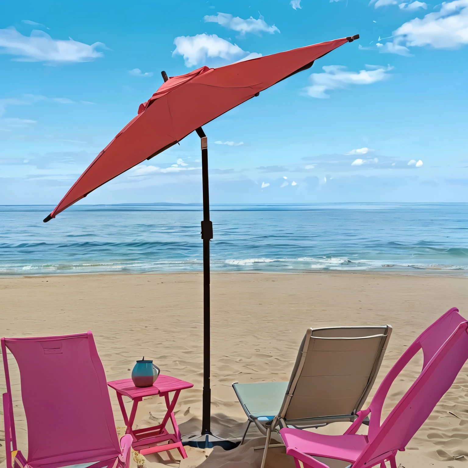 There are two lounge chairs and a table facing the ocean on the beach., , Beach environment, Detailed wide angle shot, 5 feet away, Detailed enlargement of photo, Outdoor tones, Artistic masterpiece, , sunshine Beach , Accurate and detailed, In the seaside environment,Higher quality , more details , Maximum resolution , panoramic , face , Soft tones , Soft Light