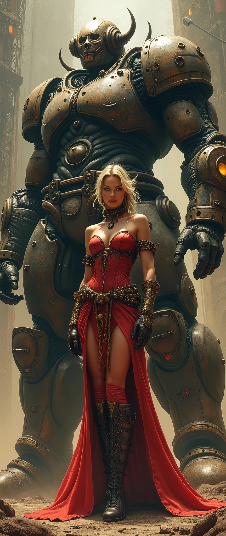 A glamorous steampunk e, adorned in intricate Red gold highlights and leather attire, stands confidently next to a colossal, mechanized red and gold titan.e scene is set against a dramatic, industrial backdrop reminiscent of Gerald Brom's dark and fantastical style combined with Frank Frazetta's dynamic and muscular aesthetics. The atmosphere is charged with a blend of gritty steampunk elements and epic fantasy, with an emphasis on bold contrasts and intense energy.