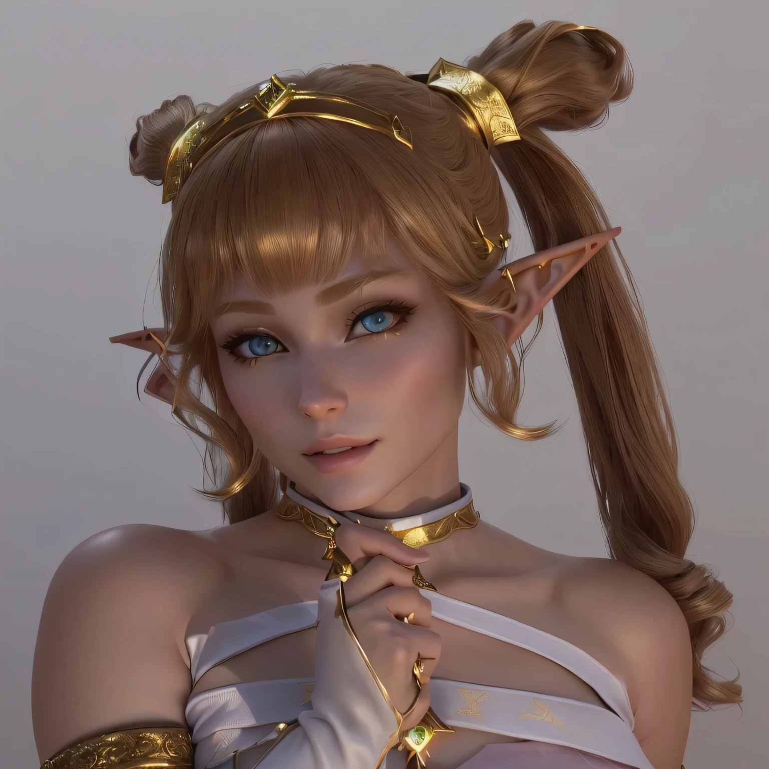There is a 3D image of a woman holding a pink toothbrush.。, (((gone crazy))) Elf Princess, She has elven ears and golden eyes, elven character with smirk, Elf Girl, Ultra-detailed fantasy characters, Cute 3D anime rendering, Elf Princess, Elf portrait, Female Elf, a Elf portrait, Shiny skin