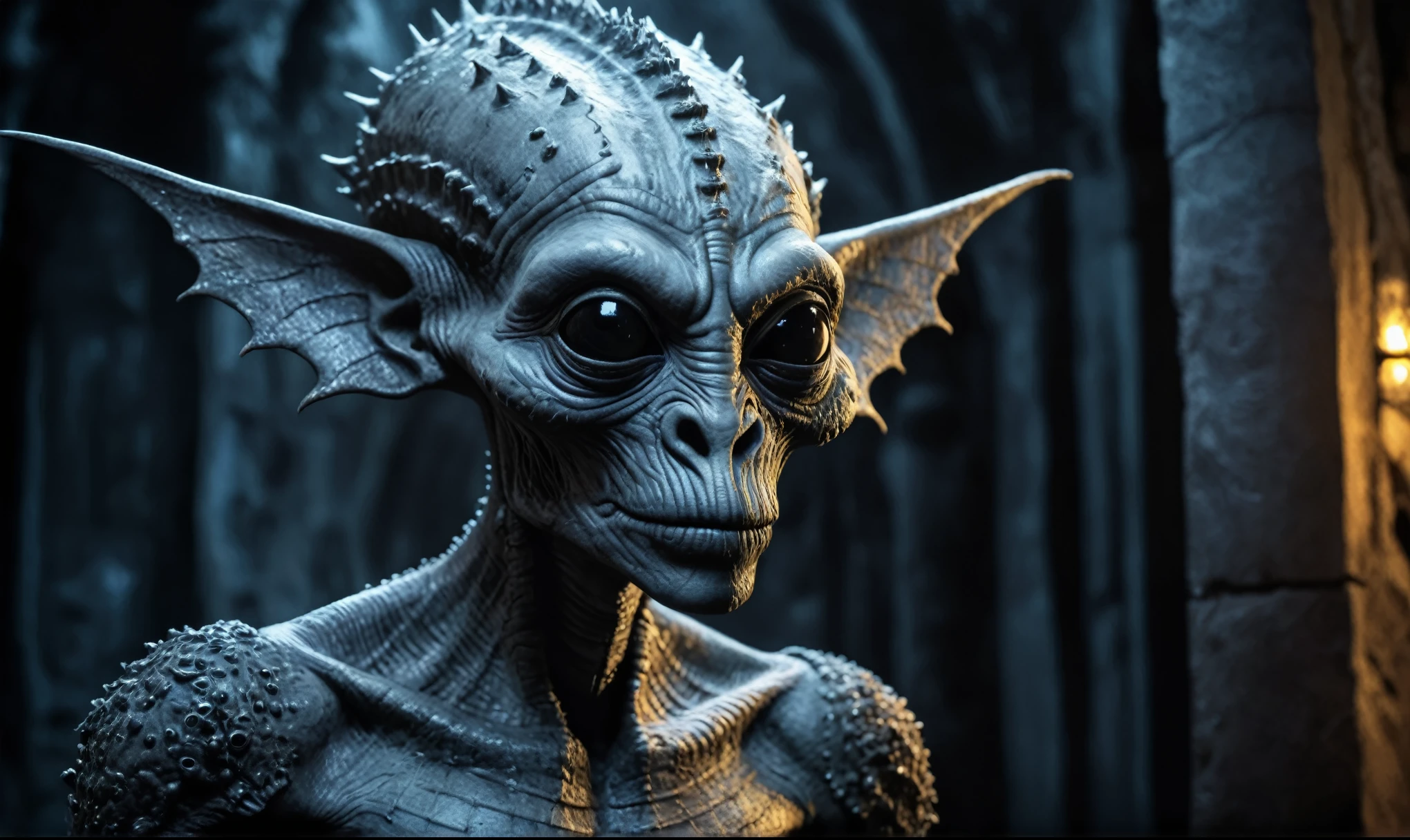full body length shot,nerd graphite  Alien Entity,native africa slave ,nowadays azctec central city,Cinematic,soft colors, Technicolor,natural skin textures, hyper realism, hyper detailed,Extremely detailed,High contrast,Masterpiece,Realistic,Ultra Detailed, intricate details,realistic humid leather,extremely intricate details,Epic Realistic, cinematic style, irina yermolova,high contrast,hdr,extremely detailed, [deep night landscape],masterpiece, intricate details, eyes extremely detailed, high detailed eyes,8k resolution,retina, Nikon Z9,Korea,orc,Egypt, Pisces, transition between two art styles,full body length, Double contact, X-ray, Creative, vivid light, fantasy, Abstract, Surrealism, super detailed, high resolution,insanity national folk wear,skin  almost translucent, gothic elements, further emphasizing its dark air,Mestichino,Light particles,chaos,starfish's leather,Angkor Wat of Cambodia,"(The best lighting, dark, dramatic),(alien troll half-skull fetus, Hellraiser, Scars, , poison brain, , mouse inside the head, terror.),(fish eyes, calaveras). morning light.

