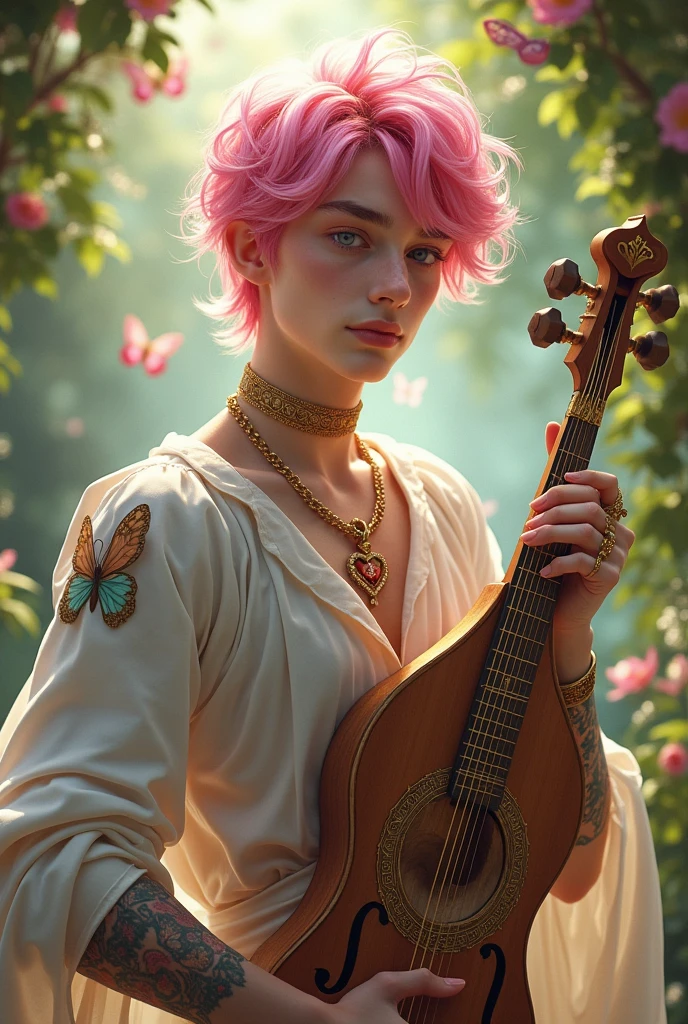 A pink-haired femboy, blue and red, Your eyes are different colors, one is purple and the other green, his skin is white and delicate and is covered in a shiny golden powder that is like makeup, he also has magical runes tattooed on his body, he is of noble origin and his father is a genius, he loves to adventure, Of butterflies and flowers, he is a bard and always carries his beautiful lute and his beautiful sword, he likes to wear delicate rings, a choker and a heart necklace.