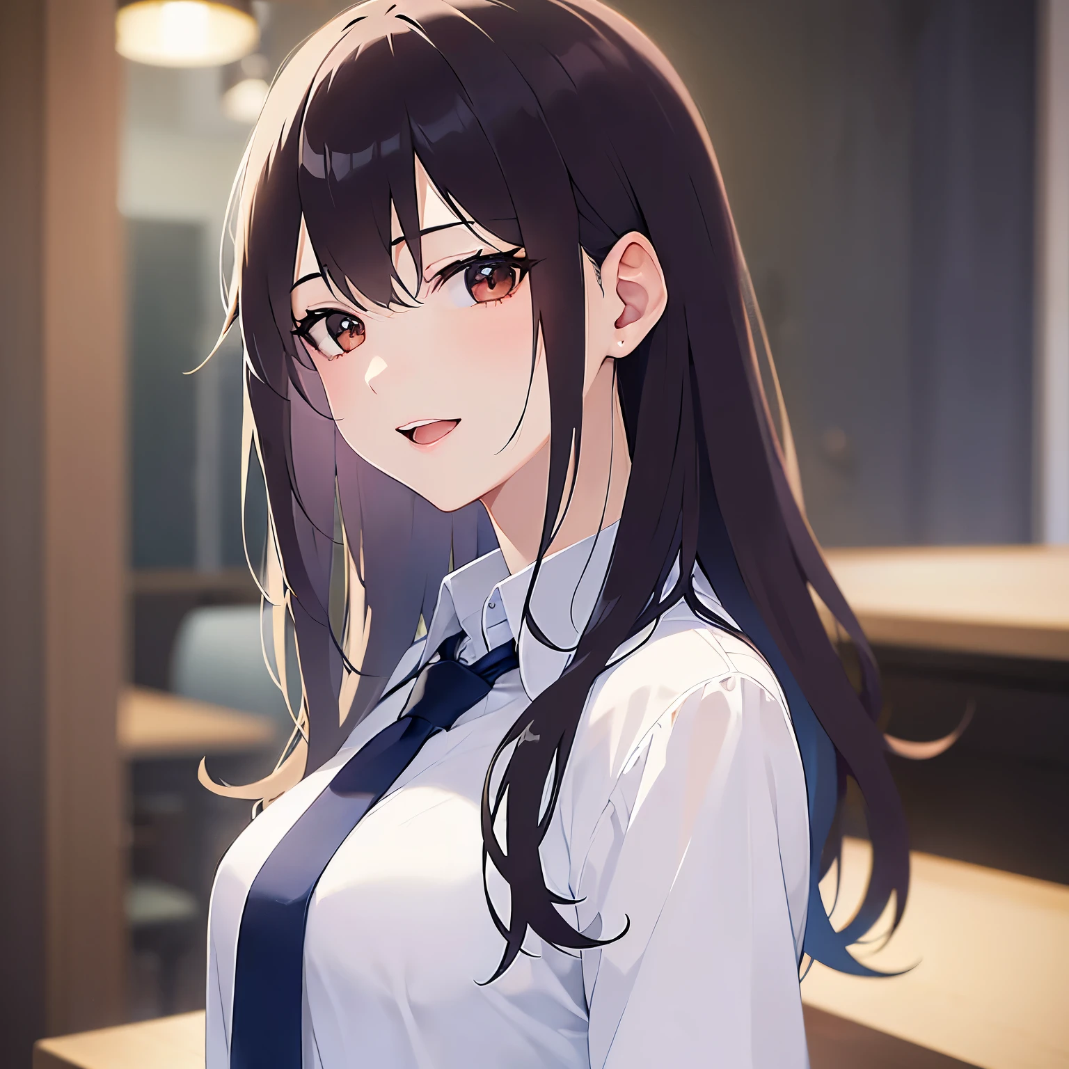 (looking at viewer:1.5)Upper Body, head tilt,Side shot、
Realistic, real person, (pale skin: 1.2), RAW photo, photorealistic, shiny skin, shiny hair、(A 25-year-old woman with medium-length hair and bangs) and (wavy hair) and (brown hair) and (orange eyes) ,
(Wearing a business suit:1.5) and (Wearing a white collared shirt)、
smile、open mouth,The background is also the inside of a night izakaya.、(alone:1.5)