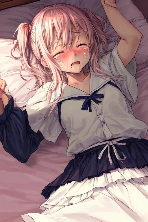 Lying in bed, blushing, with drool, sweat, and tears, eyes closed、カラフルなストライプの脱衣ポケモントレーナー♀の2人が体を掴まれ痙攣する