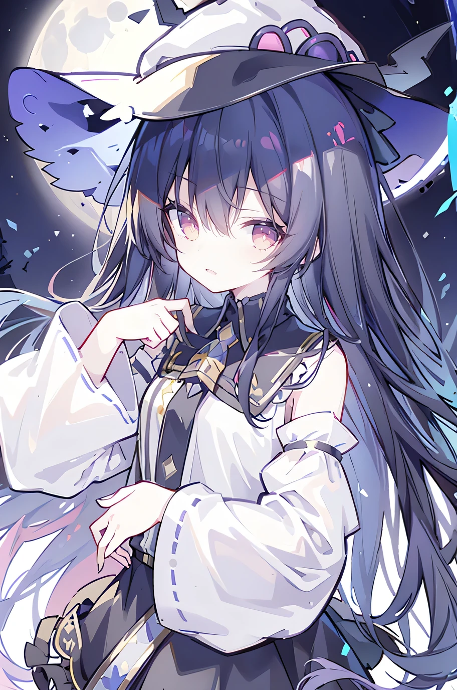 oung Girls,Humanity,A magician always smiles,big witch hat,cute,dark blue long hair,The eyes are dull,The bangs are heavy,Thin eyebrows,fantasy,intake,Double teeth,Star Theme,Constellation pattern,Solid color clothetal decoration,cloak,A bit of a dark atmosphere,A little crazy smile,When the big moon shines outside at night,blood,Hair black star embellishment,Short tie,No nails,High waist skirt,Bell sleeves,Long-sleeved shirt,Black tie,low risk,gentlemen。Mist、Yellow and white effect,Shocking pink as an accent color