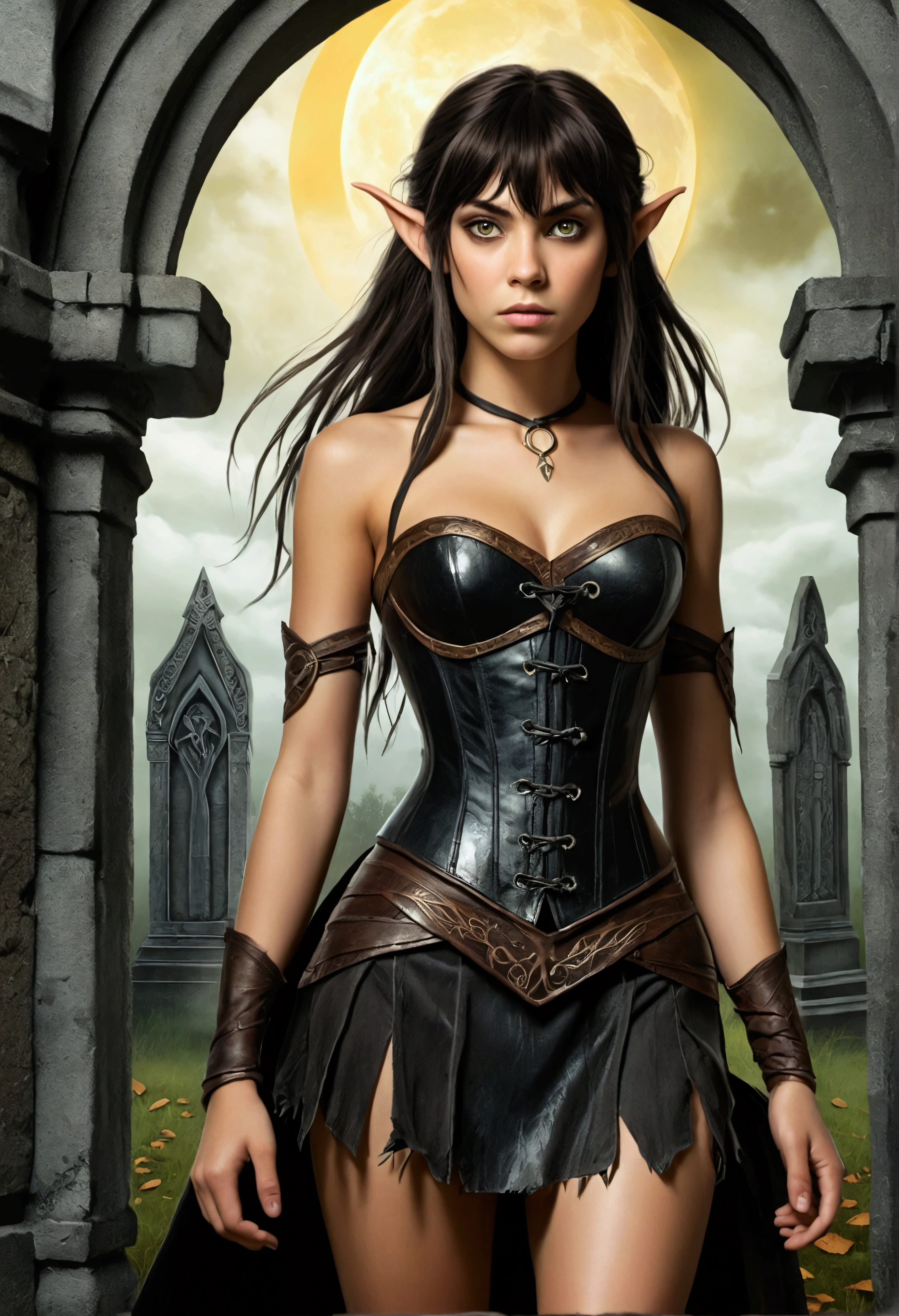 An illustrated movie poster, hand-drawn, full color, a age elven girl, wearing a black corset and a frayed miniskirt, tall, toned, amazonian stature, athletic hourglass figure, long pointy elf ears, amber eyes, dark hair, shaggy bob cut with thick bangs, deep sun-tanned skintone, freckles, standing in a spooky gothic cemetery, graphite shading, stencil marks, airbrushed acrylic paint, masterpiece, in the style of the Lord of the Rings
