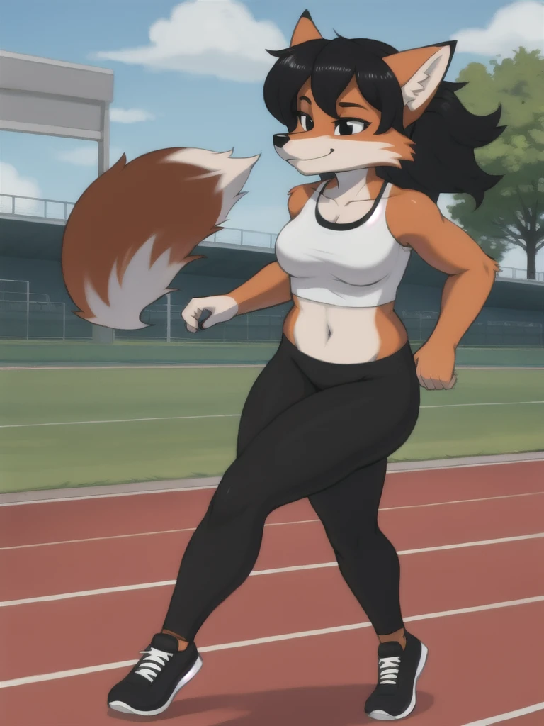 Furry, fox, female, black shirt, black leggings, shoes, running track, friends, full body