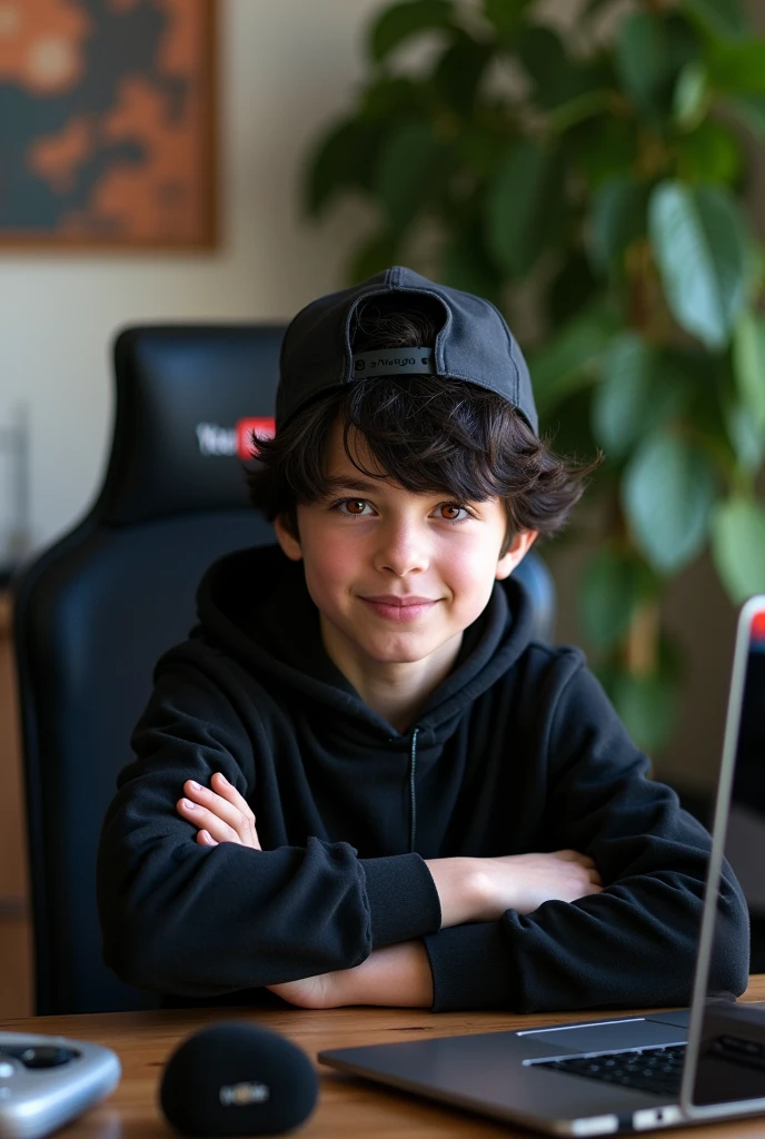 1boy, male_focus, hood, microphone, YouTube logo, black_hair, solo, hat, hoodie, looking_at_viewer, headphones, plant, red_eyes, computer, hood_down, black_hoodie, speaker, laptop, long_sleeves, indoors, sitting, baseball_cap, hair_between_eyes, backwards_hat, crossed_arms, chair, clothes_writing, black_headwear, closed_mouth, upper_body, shirt, potted_plant, table, drawstring, bangs, desk