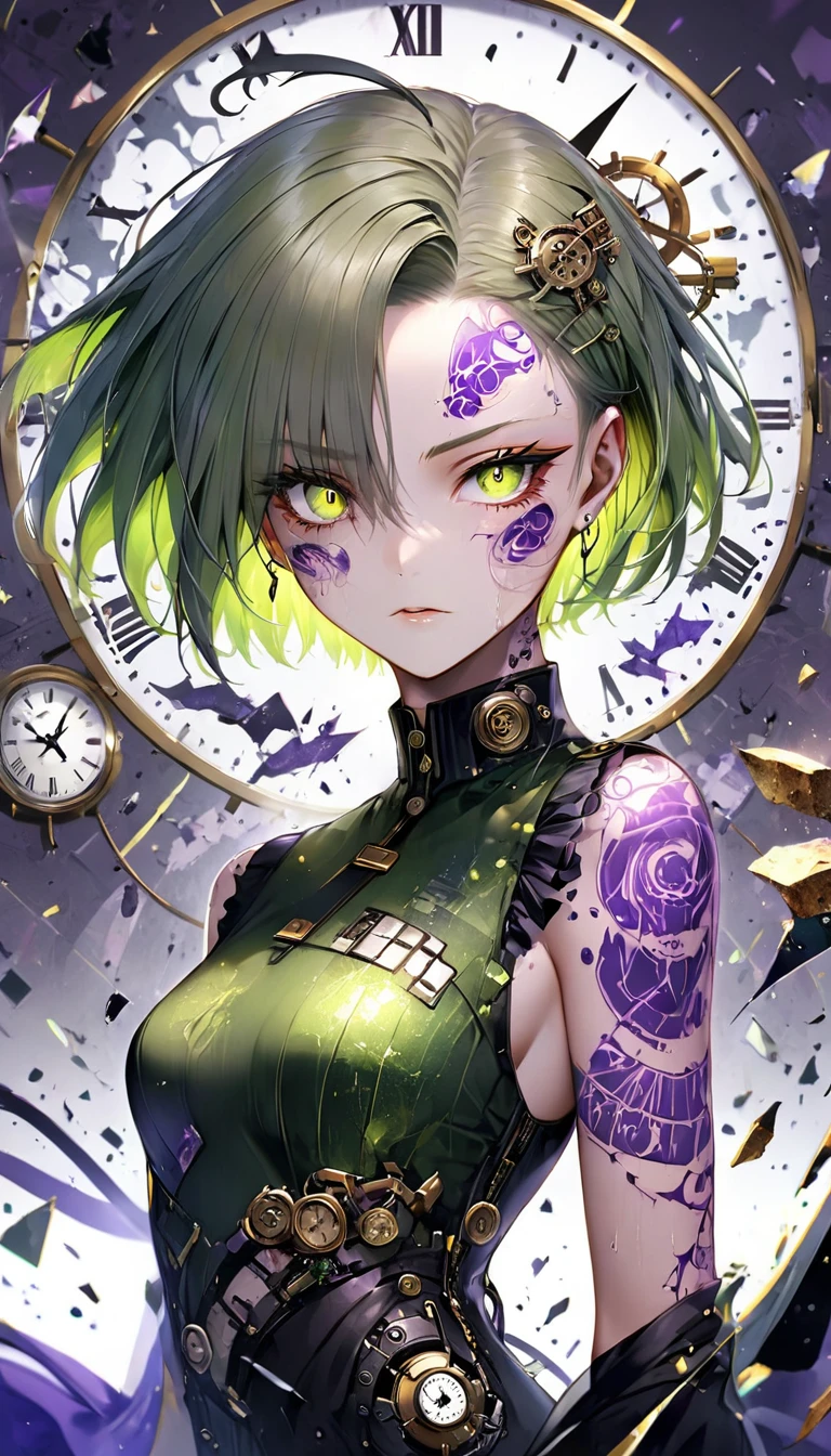 female demon, dignified beauty, cool beauty, purple paint patterns on her face (forehead and under her eyes), and golden eye-like paint patterns on her forehead, green messy short hair, attractive and seductive expression, wearing green and purple dress, superlative body proportion, purple covered in tattoos, background shattered cracked glass, fusion of (cyber, diesel, clock, steam) punk and (water, fire, earth, wind) punk, conceptual installation art, 2.5D, delicate and dynamic, iridescent effects, artistic, hyper, graphic CG digital art