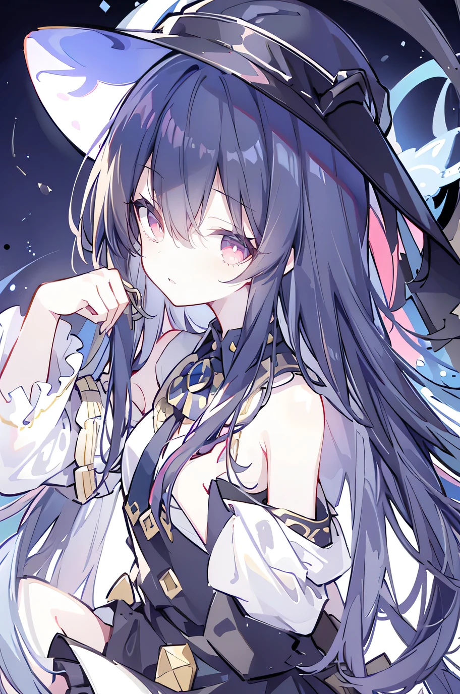 oung Girls,Humanity,A magician always smiles,big witch hat,cute,dark blue long hair,The eyes are dull,The bangs are heavy,Thin eyebrows,fantasy,intake,Double teeth,Star Theme,Constellation pattern,Solid color clothetal decoration,cloak,A bit of a dark atmosphere,A little crazy smile,When the big moon shines outside at night,blood,Hair black star embellishment,Short tie,No nails,High waist skirt,Bell sleeves,Long-sleeved shirt,Black tie,low risk,gentlemen。Mist、Yellow and white effect,Shocking pink as an accent color